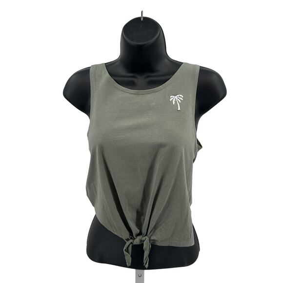 H&M Basic Tank Top Girls 16/18 Green Knotted Hem Cropped Palm Tree Embroidered - Picture 1 of 9